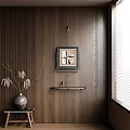 Wooden Wall Interior Featuring Framed Artwork Small Shelf Vase Branches And Blinds