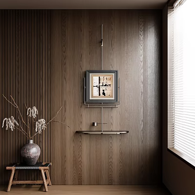 Wooden Wall Interior Featuring Framed Artwork Small Shelf Vase Branches And Blinds 3d model