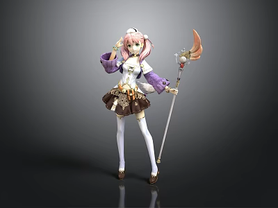 Anime Character Collectible Figure With Pink Hair Purple Outfit And Decorative Staff 3d model