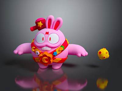 Pink Rabbit Game Movie Character with Red Star Hat Big Eyes Chest and Yellow Ball 3d model