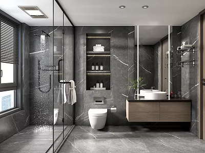 Modern Bathroom Interior With Glass Shower Marble Walls Vanity Mirror And Storage Cabinets 3d model