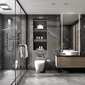 Modern Bathroom Interior With Glass Shower Marble Walls Vanity Mirror And Storage Cabinets