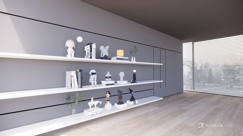 Modern Decorative Ornament Combinations On White Shelves With Sculptures Books And Small Plants 3d model 