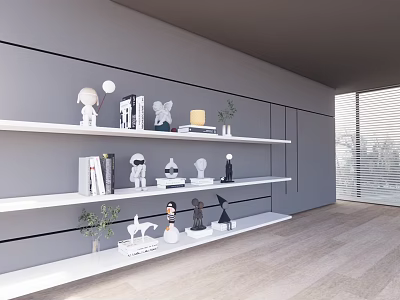 Modern Decorative Ornament Combinations On White Shelves With Sculptures Books And Small Plants 3d model