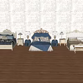 Three Classic Double Beds In Room With Patterned Wallpaper Wooden Floor Nightstands And Lamps