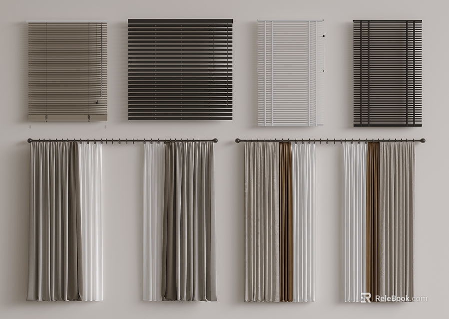 Various Styles Of Curtains And Blinds In Different Colors For Home Interior Decoration 3d model 