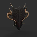 Intricate Decorative Shield With Curved Horns And Dark Red Pattern Design 3d model