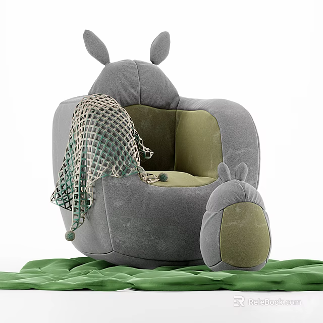 Cute Rabbit Ear Design Single Sofa With Gray Upholstery Green Interior And Matching Ottoman 3d model 