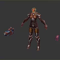 Game and Movie Character in Brown Black Armor with Red Helmet and Two Red Guns