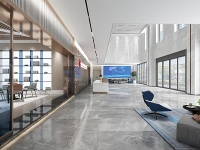 Modern Lobby Reception Desk Interior Design With Marble Floor Glass Windows And Sofa Chair 3d model