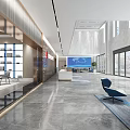 Modern Lobby Reception Desk Interior Design With Marble Floor Glass Windows And Sofa Chair