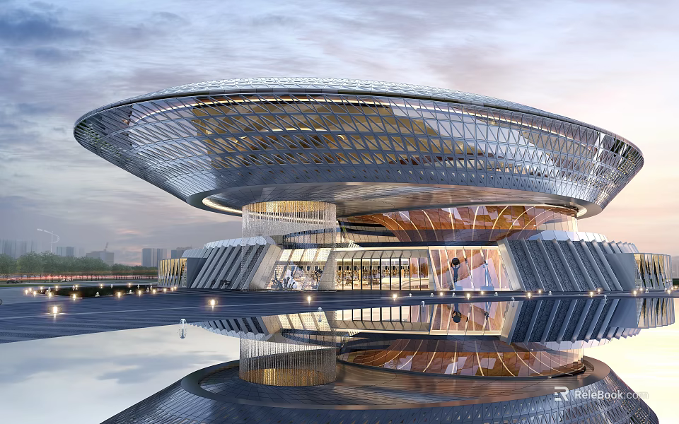 Modern Library Building With Unique Architectural Design Glass Facade And Reflective Water 3d model 