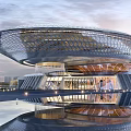 Modern Library Building With Unique Architectural Design Glass Facade And Reflective Water