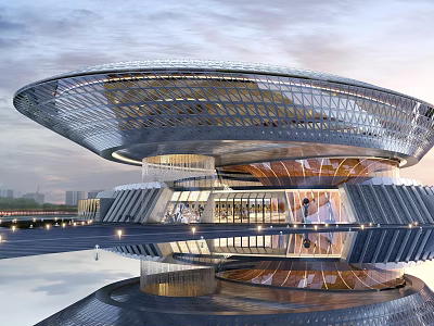 Modern Library Building With Unique Architectural Design Glass Facade And Reflective Water 3d model