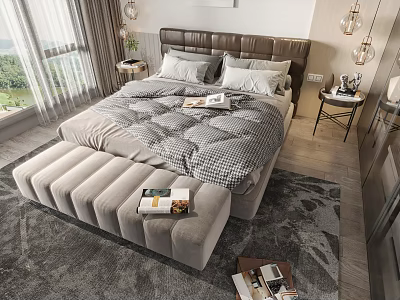 Modern Double Bed With Upholstered Headboard Plaid Bedspread Nightstand Lamp And Bench In Elegant Bedroom 3d model