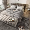 Modern Double Bed With Upholstered Headboard Plaid Bedspread Nightstand Lamp And Bench In Elegant Bedroom