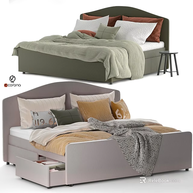 Modern Double Bed Interior Featuring Neutral Tones Pillows Blankets Storage Drawers And Stool 3d model