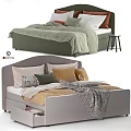 Modern Double Bed Interior Featuring Neutral Tones Pillows Blankets Storage Drawers And Stool 3d model
