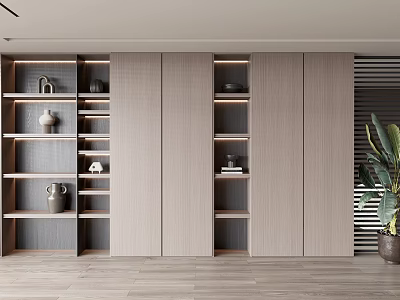 Modern Decorative Cabinet With Open Shelves And Decorative Items In Neutral Tones 3d model