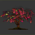 Cartoon Scenery Vibrant Tree with Red Pink Leaves and Exposed Roots on Reflective Surface