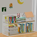 Colorful Children's Books On Wire Bookshelf With Rabbit Toy And Small House Model