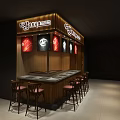Modern Wooden Bar Counter With High Stools And Decorative Lighting Signage