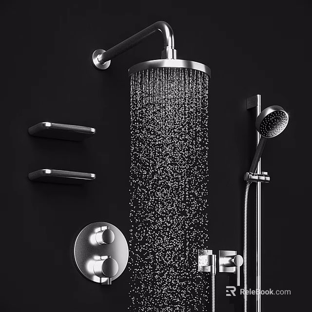 Modern Stainless Steel Shower System With Rainfall Head Handheld Sprayer Black Shelves And Controls 3d model 