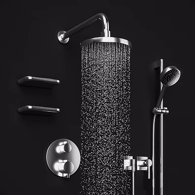 Modern Stainless Steel Shower System With Rainfall Head Handheld Sprayer Black Shelves And Controls 3d model