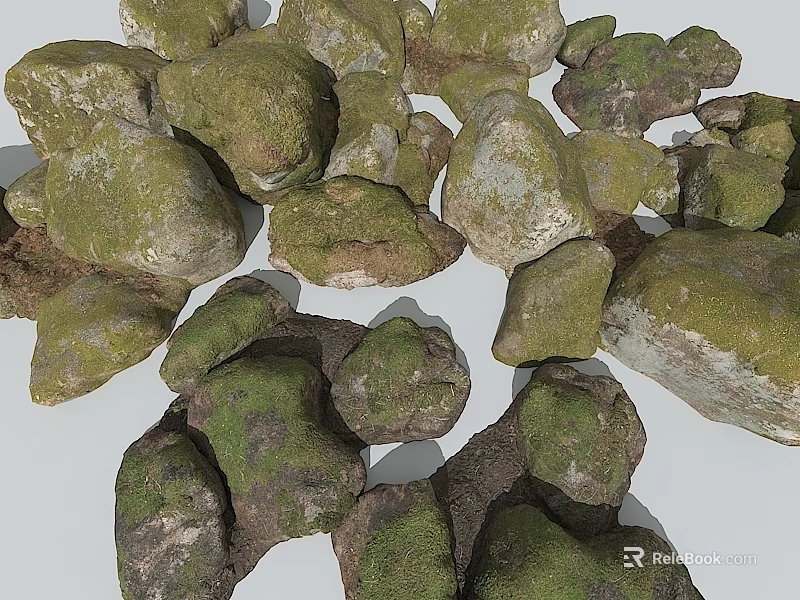 Natural Lush Green Moss Covered Stones Scattered In Garden Setting 3d model 