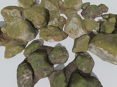 Natural Lush Green Moss Covered Stones Scattered In Garden Setting 3d model