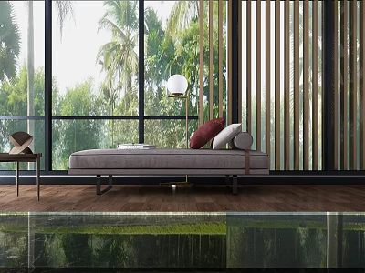 Modern Chaise Lounge With Red Gray Cushions In Bright Interior Large Windows Green Views 3d model