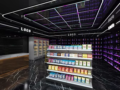 Modern Supermarket Retail Interior With Colorful Product Shelves Neon Ceiling Lights And Marble Floor 3d model