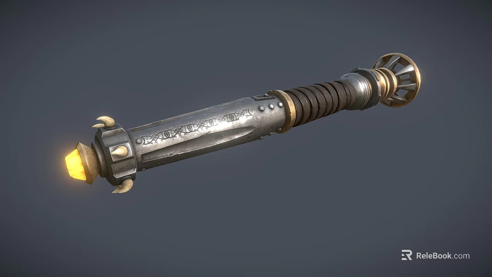 Ancient Silver Weapon With Engraved Details Black Leather Grip Gold Accents And Yellow Glowing Tip 3d model 