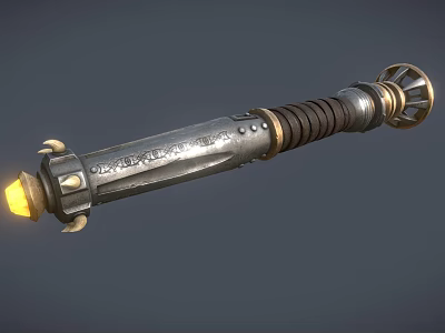 Ancient Silver Weapon With Engraved Details Black Leather Grip Gold Accents And Yellow Glowing Tip 3d model
