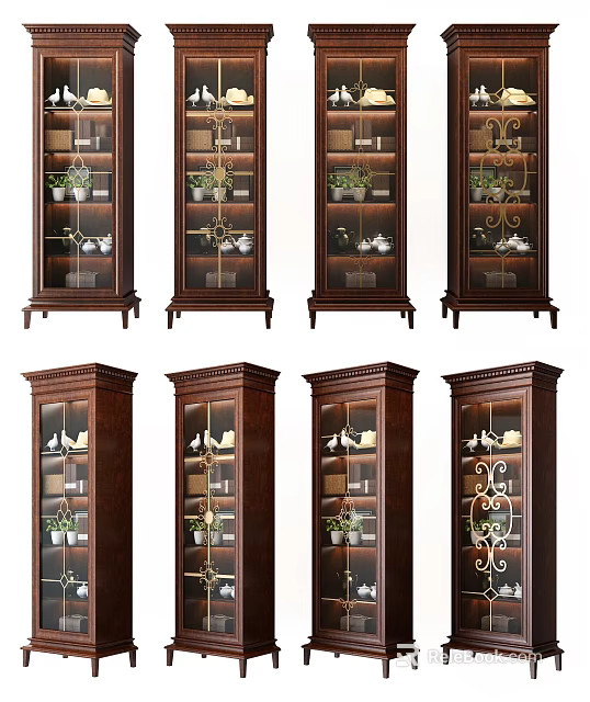 Classic Dark Brown Wooden Display Cabinets With Glass Doors And Decorative Items 3d model 