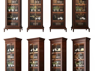 Classic Dark Brown Wooden Display Cabinets With Glass Doors And Decorative Items 3d model