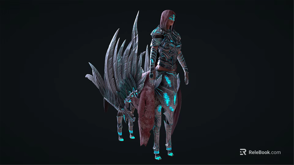 Armored Character With Glowing Blue Accents And Dark Winged Mythical Creature 3d model 