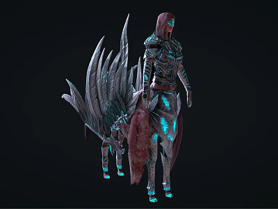 Armored Character With Glowing Blue Accents And Dark Winged Mythical Creature 3d model