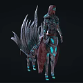 Armored Character With Glowing Blue Accents And Dark Winged Mythical Creature