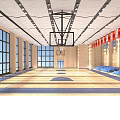 Basketball Gymnasium Featuring Wooden Floor Blue Seats Red Banners Large Windows Scoreboard And Ceiling Lights