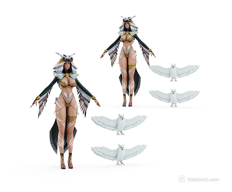 Female Game Movie Character With Feather Headdress Wings And Eagle Like Creatures 3d model 