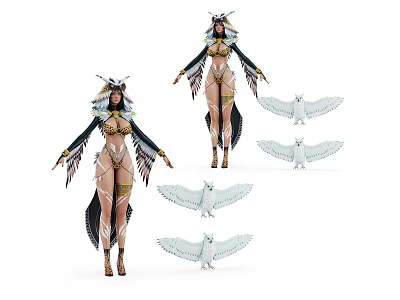 Female Game Movie Character With Feather Headdress Wings And Eagle Like Creatures 3d model
