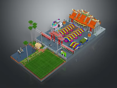 Cartoon Scene of Traditional Temple with Colorful Stalls Green Grass and Palm Trees 3d model