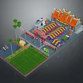Cartoon Scene of Traditional Temple with Colorful Stalls Green Grass and Palm Trees