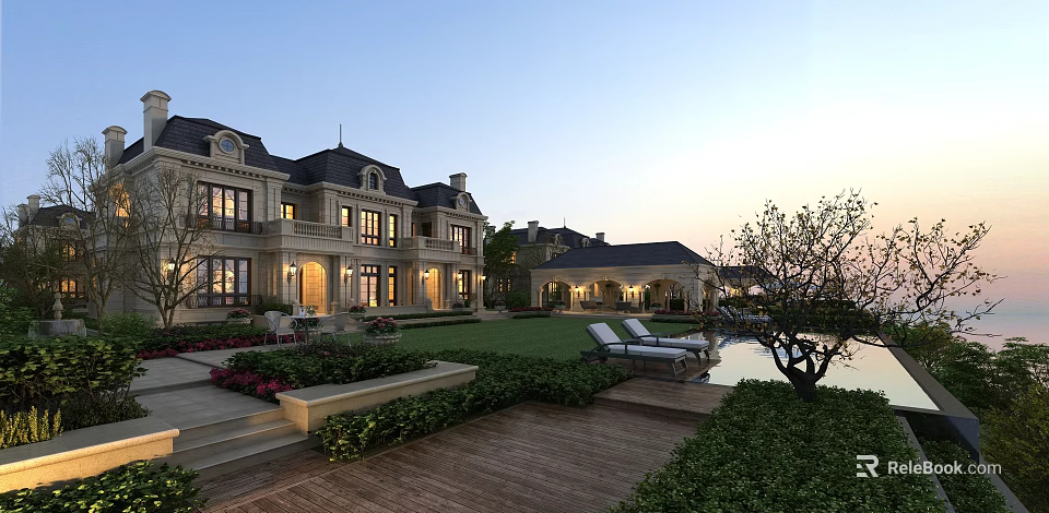 Elegant Semi Detached Villa With European Architecture Large Windows Lawn Garden Swimming Pool And Loungers 3d model 
