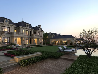 Elegant Semi Detached Villa With European Architecture Large Windows Lawn Garden Swimming Pool And Loungers 3d model