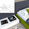 Modern Single Bed With Padded Headboard Green Frame Gray Quilt And Decorative Rug