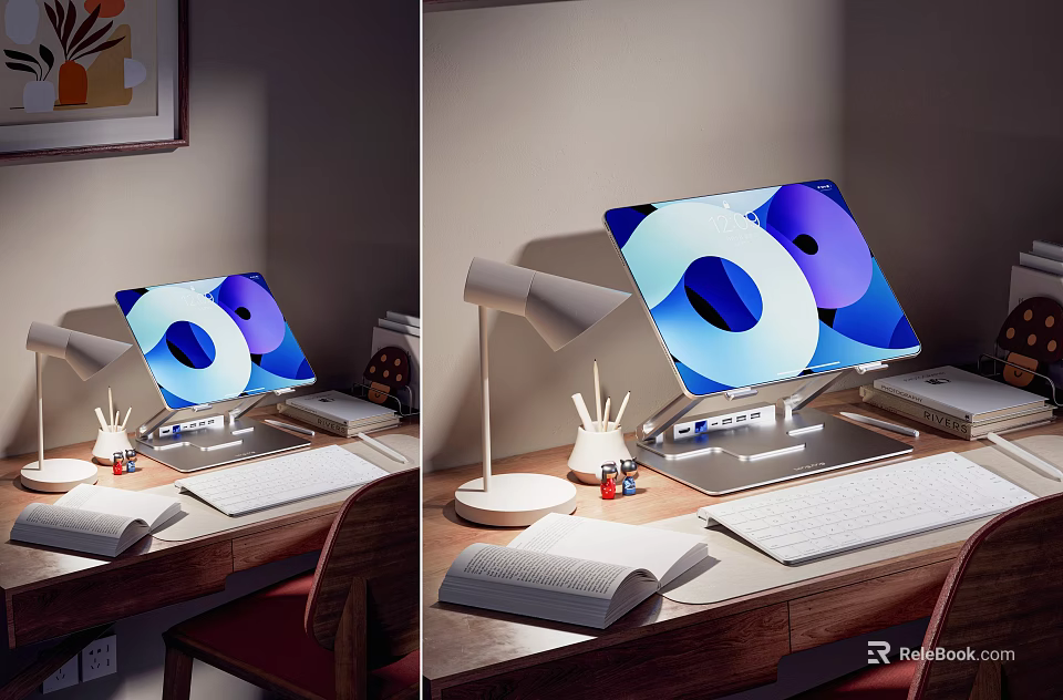 Modern Wooden Home Office Desk Chair Set With Computer Monitor And Table Lamp 3d model 