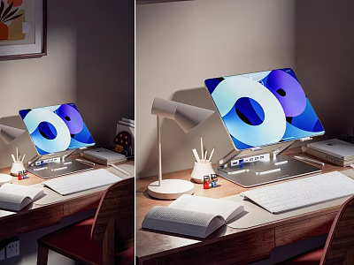 Modern Wooden Home Office Desk Chair Set With Computer Monitor And Table Lamp 3d model