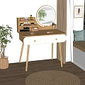 Stylish Light Wood Dressing Table With Round Mirror Two Drawers Cosmetics And Green Plant